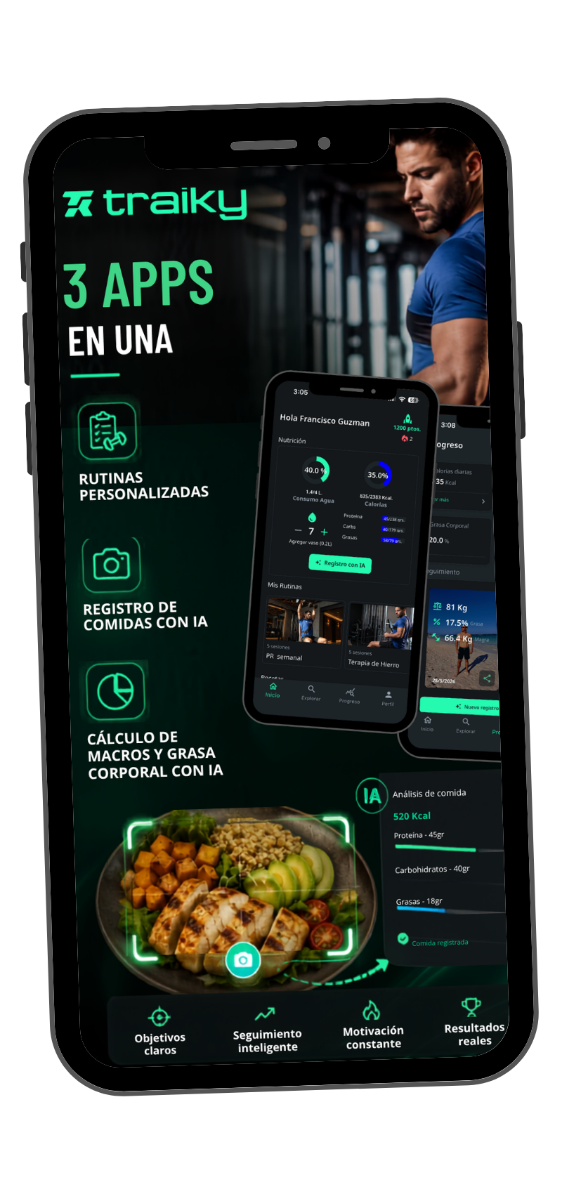 Pantallas de la app Traiky: rutina y progreso
